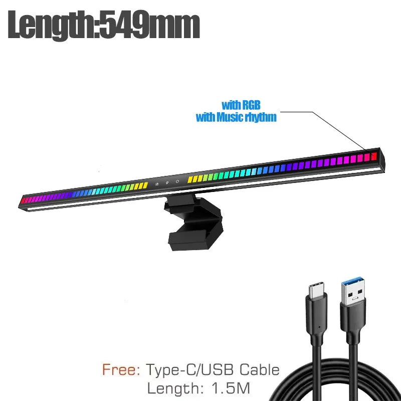 A sleek black 60cm rgb led monitor light bar with music rhythm feature and hanging light dimming for atmosphere