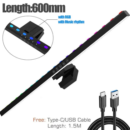 Black 60cm rgb led monitor light bar with music syncing hanging light dimming and usb-c usb-a cable included