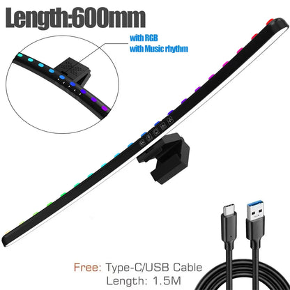 Black 60cm rgb led monitor light bar with music rhythm sync hanging light dimming usb-c and usb cable included