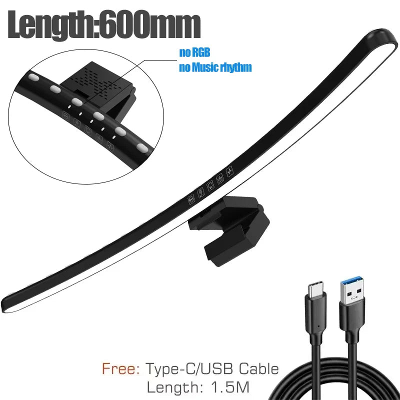 Black 60cm rgb led monitor light bar with sleek curved design and integrated control buttons for hanging light dimming