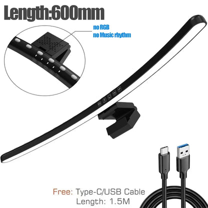 Black 60cm rgb led monitor light bar with sleek curved design and integrated control buttons for hanging light dimming