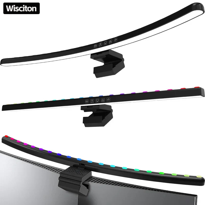 Black 60cm rgb led monitor light bar with customizable rgb colors and sleek curved design for hanging light dimming use