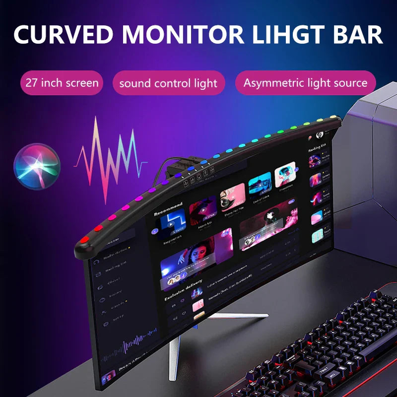 Curved 27-inch monitor with sleek black frame and 60cm rgb led monitor light bar featuring hanging light dimming atmosphere