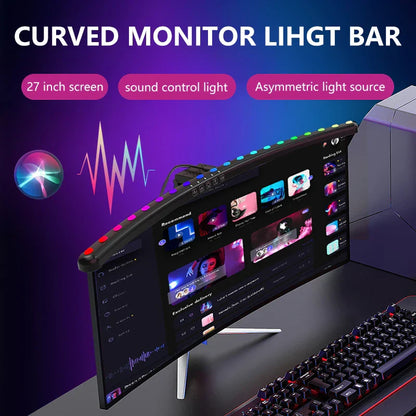 Curved 27-inch monitor with sleek black frame and 60cm rgb led monitor light bar featuring hanging light dimming atmosphere