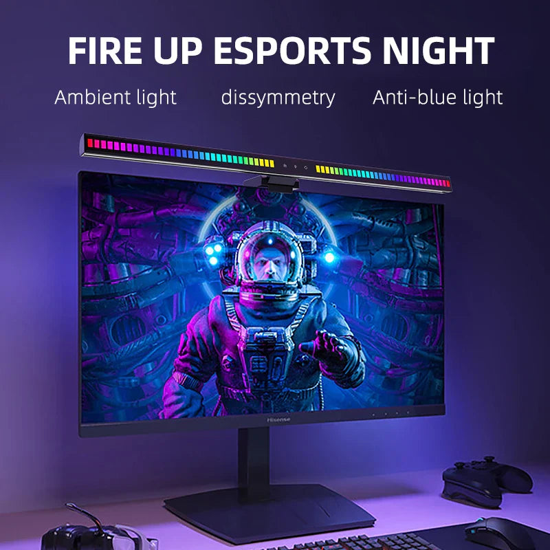 A sleek black 60cm rgb led monitor light bar with vibrant astronaut gaming scene and hanging light dimming feature