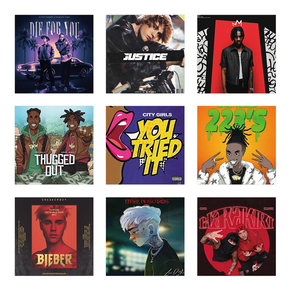 Nine colorful album cover stickers featuring justin bieber lil uzi vert included in 60pcs hip hop waterproof decals set