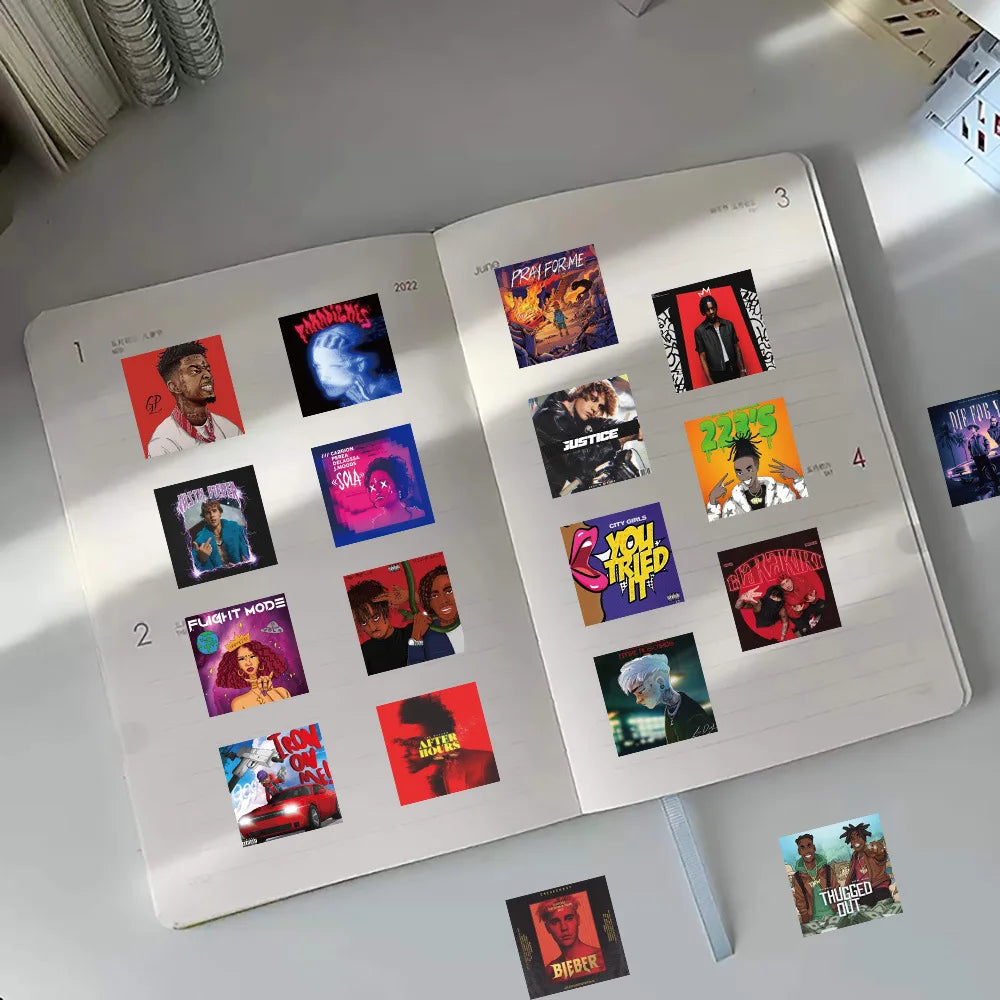 Open planner decorated with colorful 60pcs cool rapper hip hop waterproof stickers for diy scrapbooking and phone decor