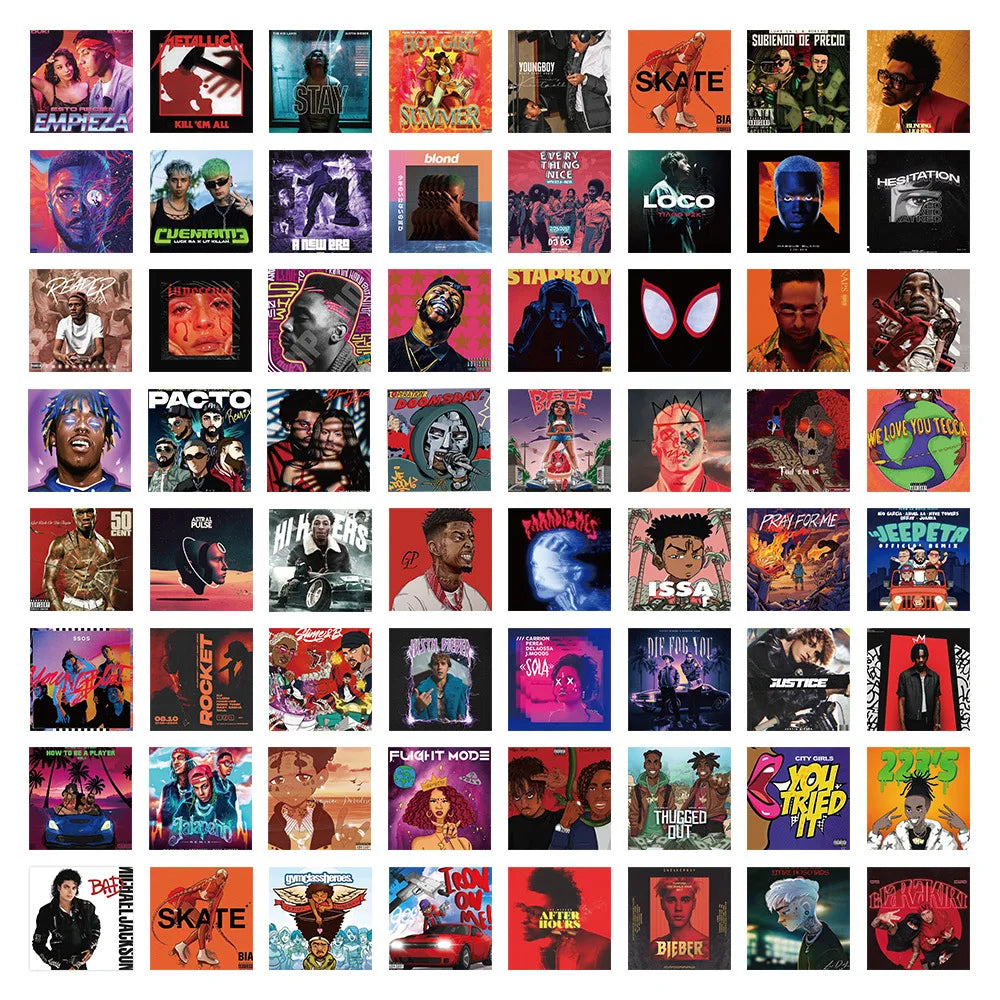 A vibrant collage of 60pcs cool rapper stickers with bold colorful album cover designs for hip hop scrapbooking and decals