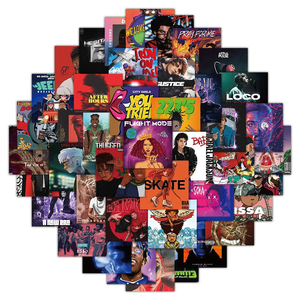 A vibrant collage of colorful album cover stickers from the 60pcs cool rapper hip hop waterproof DIY decal set