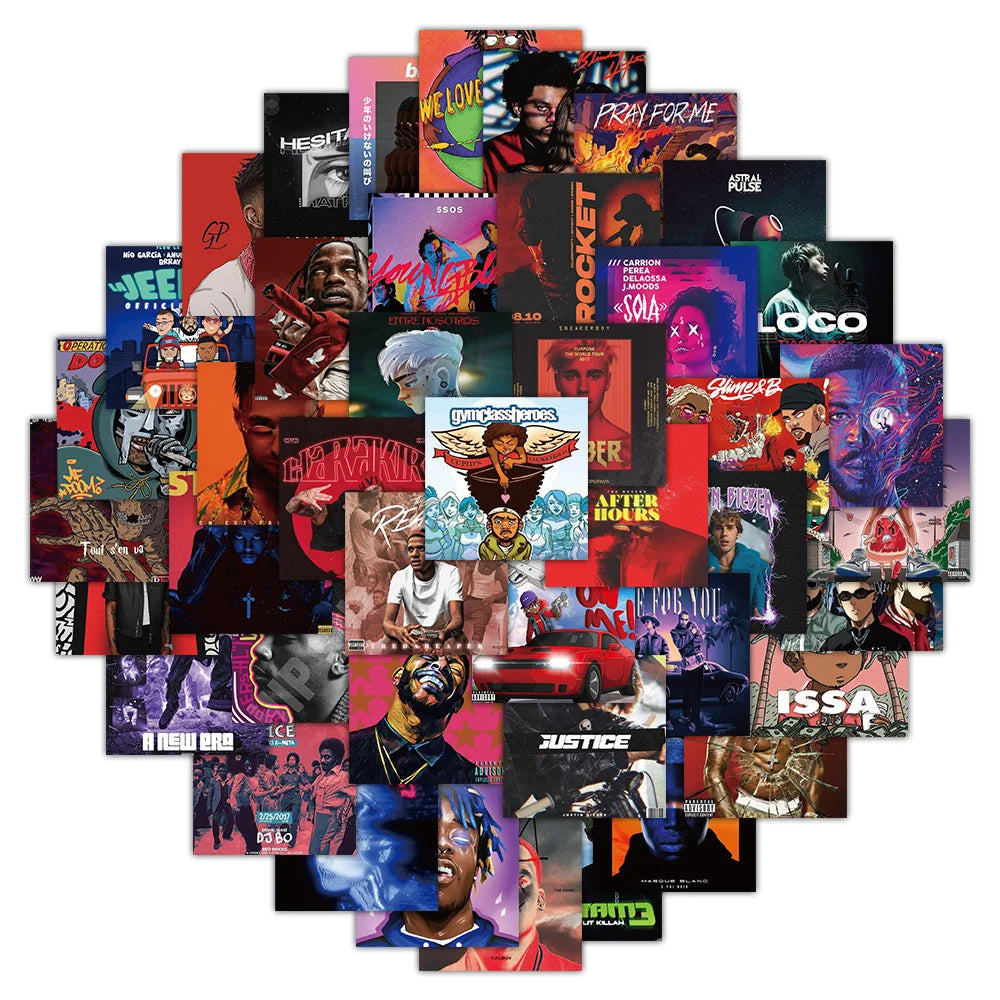 A vibrant collage of colorful 60pcs cool rapper stickers for hip hop DIY scrapbooking phone and luggage decals