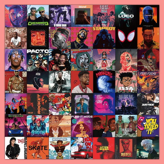 A vibrant collage of colorful hip hop rapper stickers in 60pcs set for scrapbooking phone luggage and skateboard use