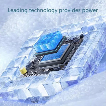 Blue translucent cooling chip on black circuit board with ice cubes for 60w pd nylon braided usb-c fast charger cable