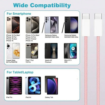 Pink nylon braided 60w pd usb-c to usb-c fast charger cable compatible with iphone 15 16 17 pro max and samsung type c devices