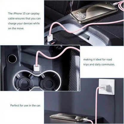 Pink iphone 15 carplay cable with white connectors 60w pd nylon braided usb-c to usb-c fast charger cable
