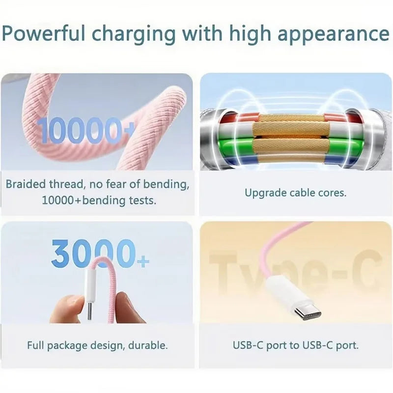 Pink nylon braided usb-c to usb-c fast charger cable with reinforced internal cores for 60w pd charging compatible with iphone and samsung