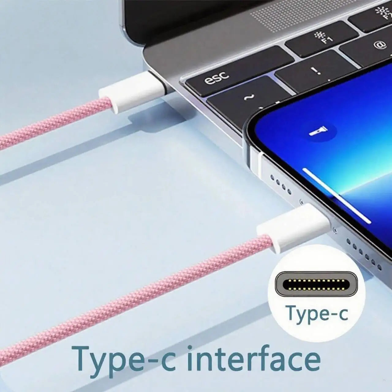 Pink nylon braided 60W PD usb-c to usb-c fast charger cable with white connectors for iphone and samsung devices