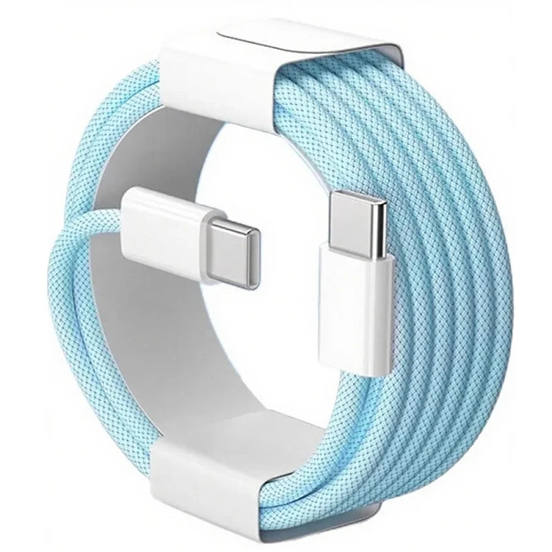 Light blue 60W PD nylon braided USB-C to USB-C fast charger cable with white connectors and storage clip for iPhone and Samsung