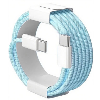 Light blue 60W PD nylon braided USB-C to USB-C fast charger cable with white connectors and storage clip for iPhone and Samsung