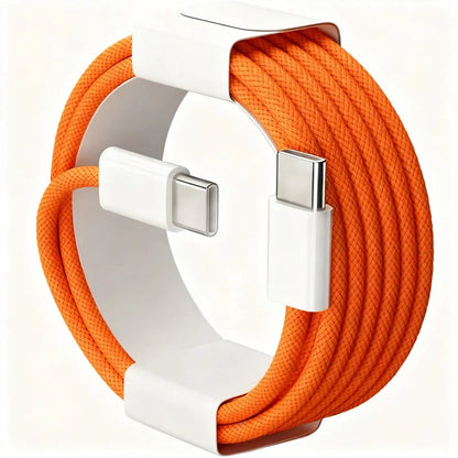 Orange nylon braided 60W PD USB-C to USB-C fast charger cable with white connectors and coiled storage holder for iPhone and Samsung