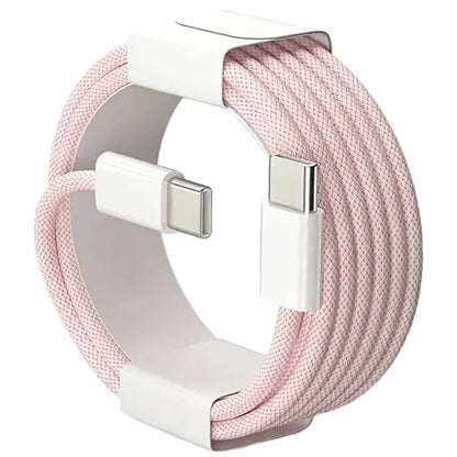 Pink nylon braided 60W PD USB-C to USB-C fast charger cable with white connectors for iPhone 17 16 15 Pro Max and Samsung