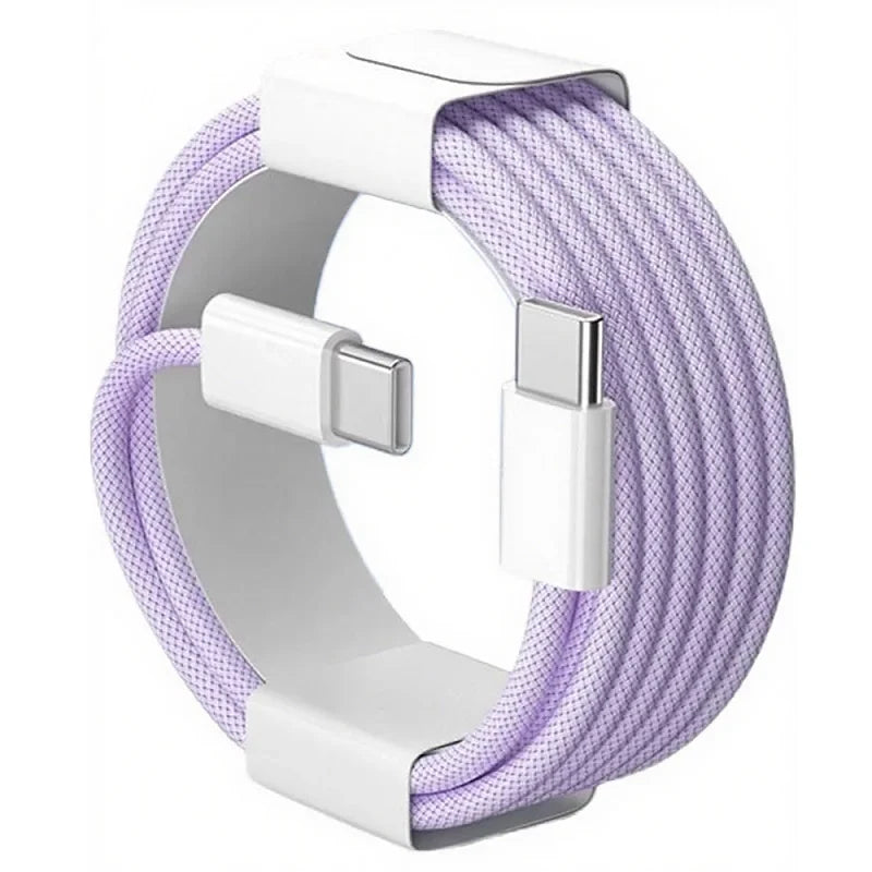 Lavender 60w pd nylon braided usb-c to usb-c fast charger cable with white connectors and matching cord organizer