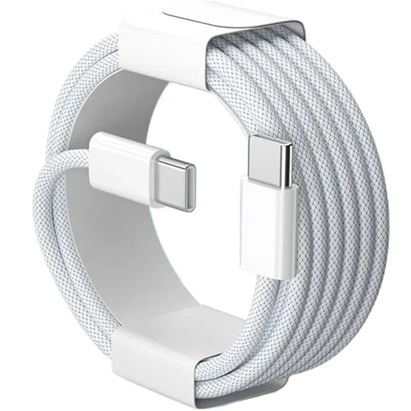 White nylon braided usb-c to usb-c fast charging cable with metallic connectors for iphone 17 16 15 and samsung devices