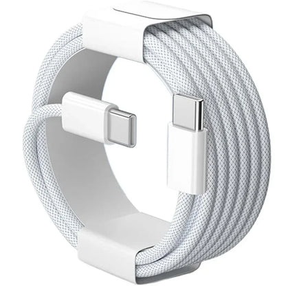 White nylon braided usb-c to usb-c fast charging cable with metallic connectors for iphone 17 16 15 and samsung devices