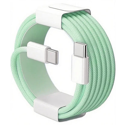 A mint green nylon braided 60w pd usb-c to usb-c fast charger cable with white connectors for iphone 17 16 15 pro max and samsung