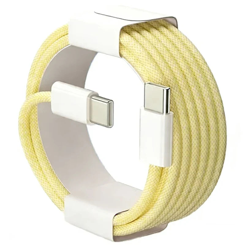 A pale yellow nylon braided 60W PD USB-C to USB-C fast charger cable with white connectors for iPhone 17 and Samsung