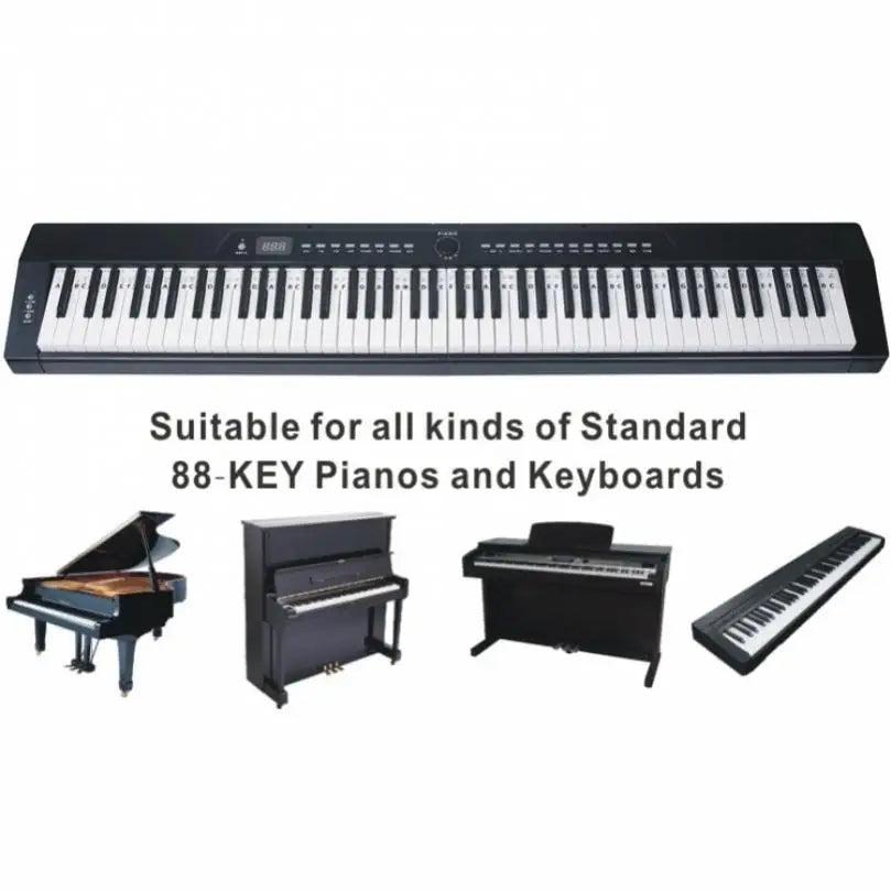 Black 88-key digital piano keyboard with control buttons and display featuring silicone strips for keyboard note labels
