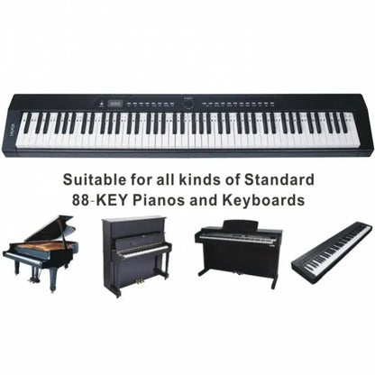 Black 88-key digital piano keyboard with control buttons and display featuring silicone strips for keyboard note labels