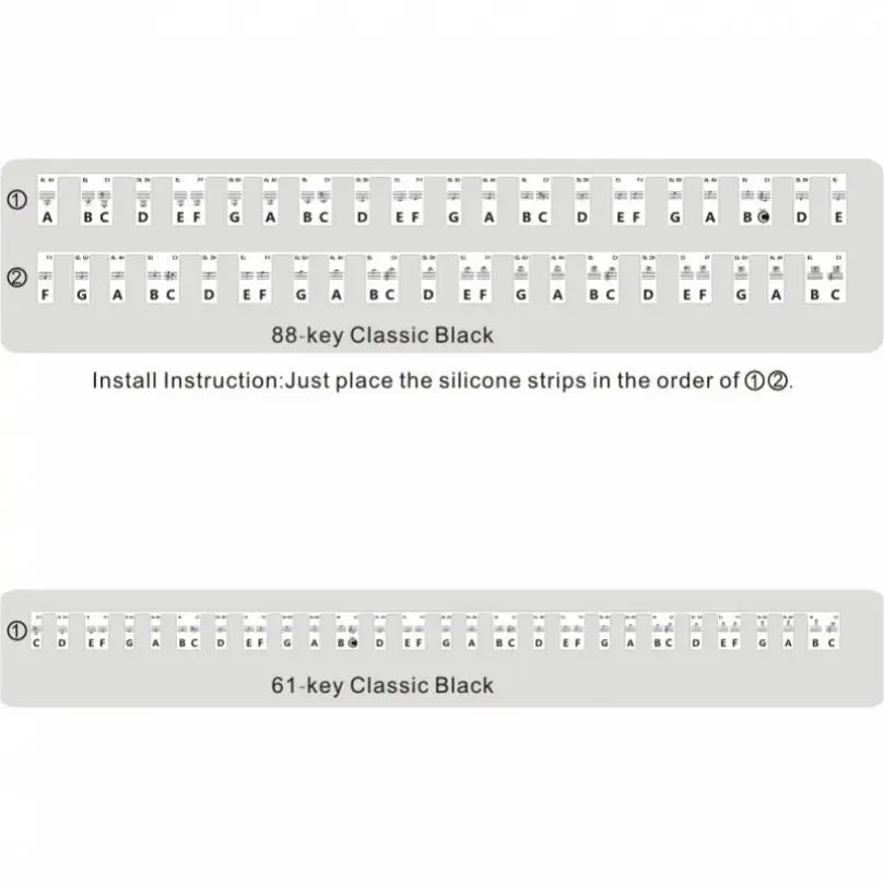 Black silicone strips for 61 and 88-key piano keyboard note labels designed as a guide for beginners and kids practice