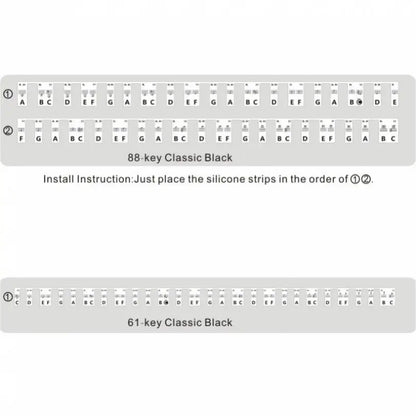 Black silicone strips for 61 and 88-key piano keyboard note labels designed as a guide for beginners and kids practice