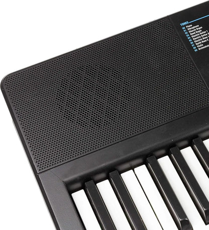 Black plastic 61-key compact keyboard piano with white keys, keynote stickers, perforated speaker grille for type beat music