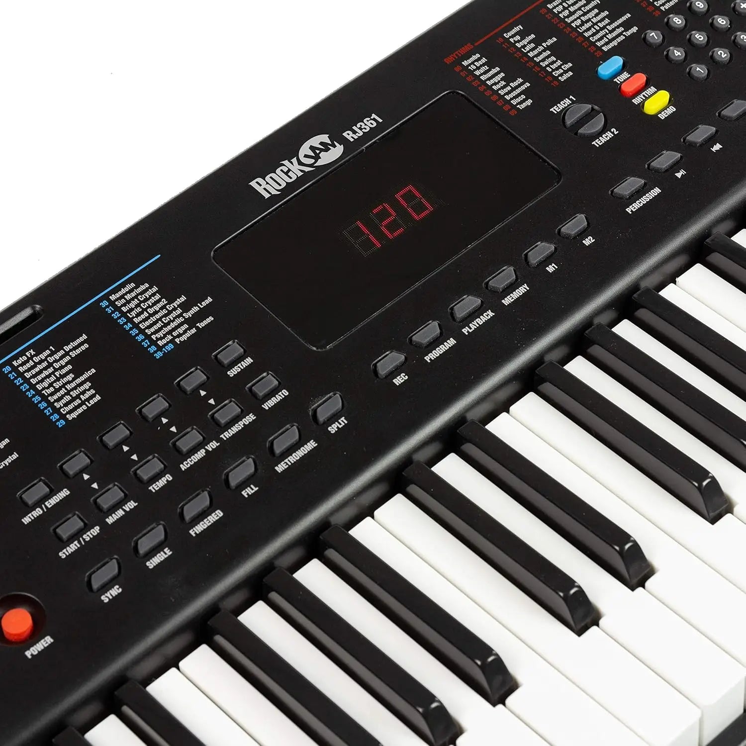 Black rockjam r-391 compact keyboard piano with 61 keys, keynote stickers, LED display, and type beat music functions