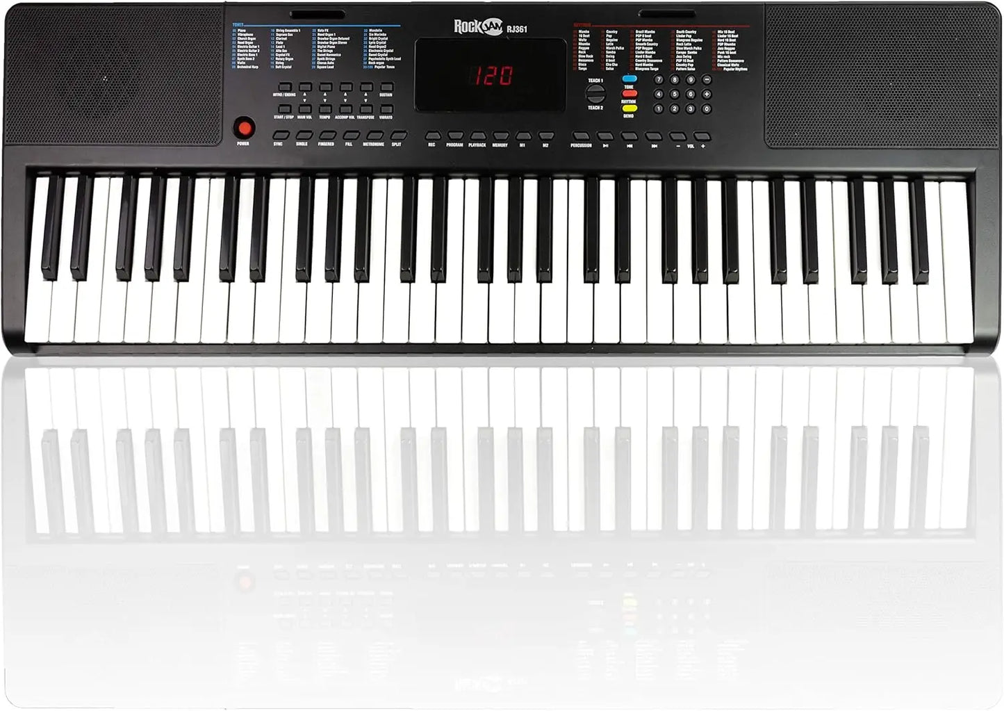 Black rockjam r3581 compact keyboard piano with 61 keys, built-in speakers, digital display, and keynote stickers for type beat music