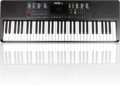 Black rockjam r3581 compact keyboard piano with 61 keys, built-in speakers, digital display, and keynote stickers for type beat music