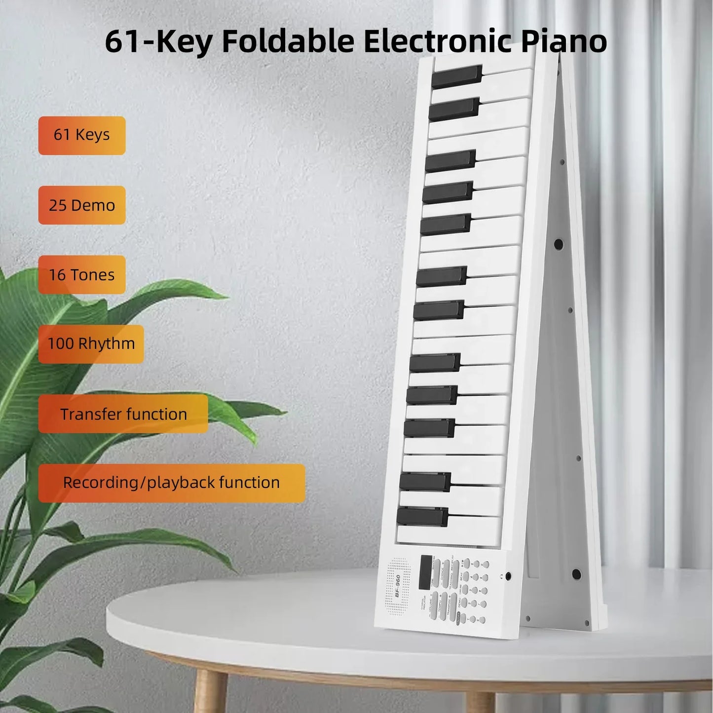 White 61-key foldable electronic piano keyboard with black keys and rhythms teaching function for portable practice