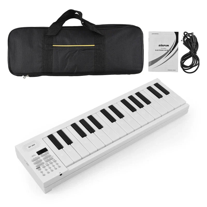 White 24-key electronic piano keyboard with black keys and control panel featuring rhythms teaching function portable design