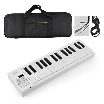 White 24-key electronic piano keyboard with black keys and control panel featuring rhythms teaching function portable design