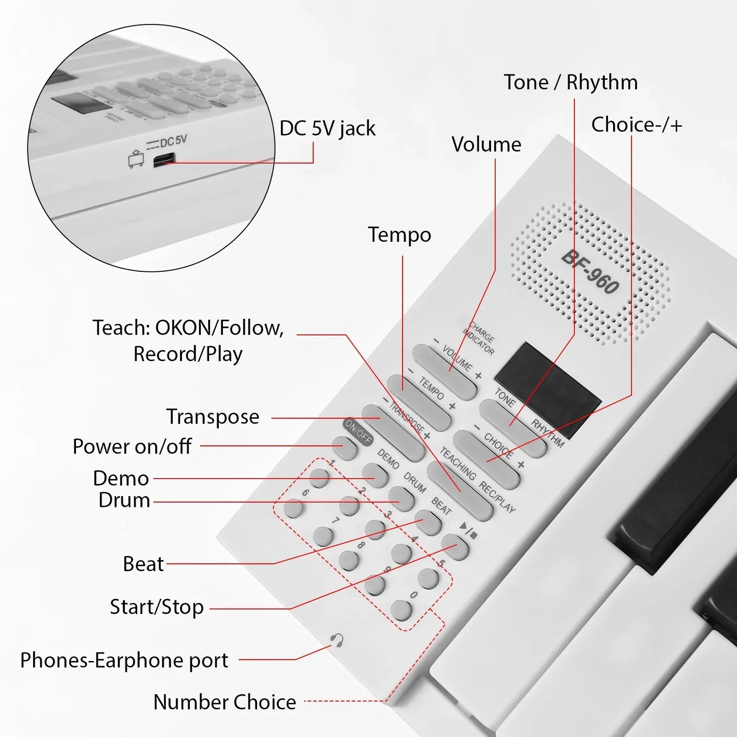 White bf-960 electronic piano keyboard portable with 61 keys black keys and rhythms teaching function buttons