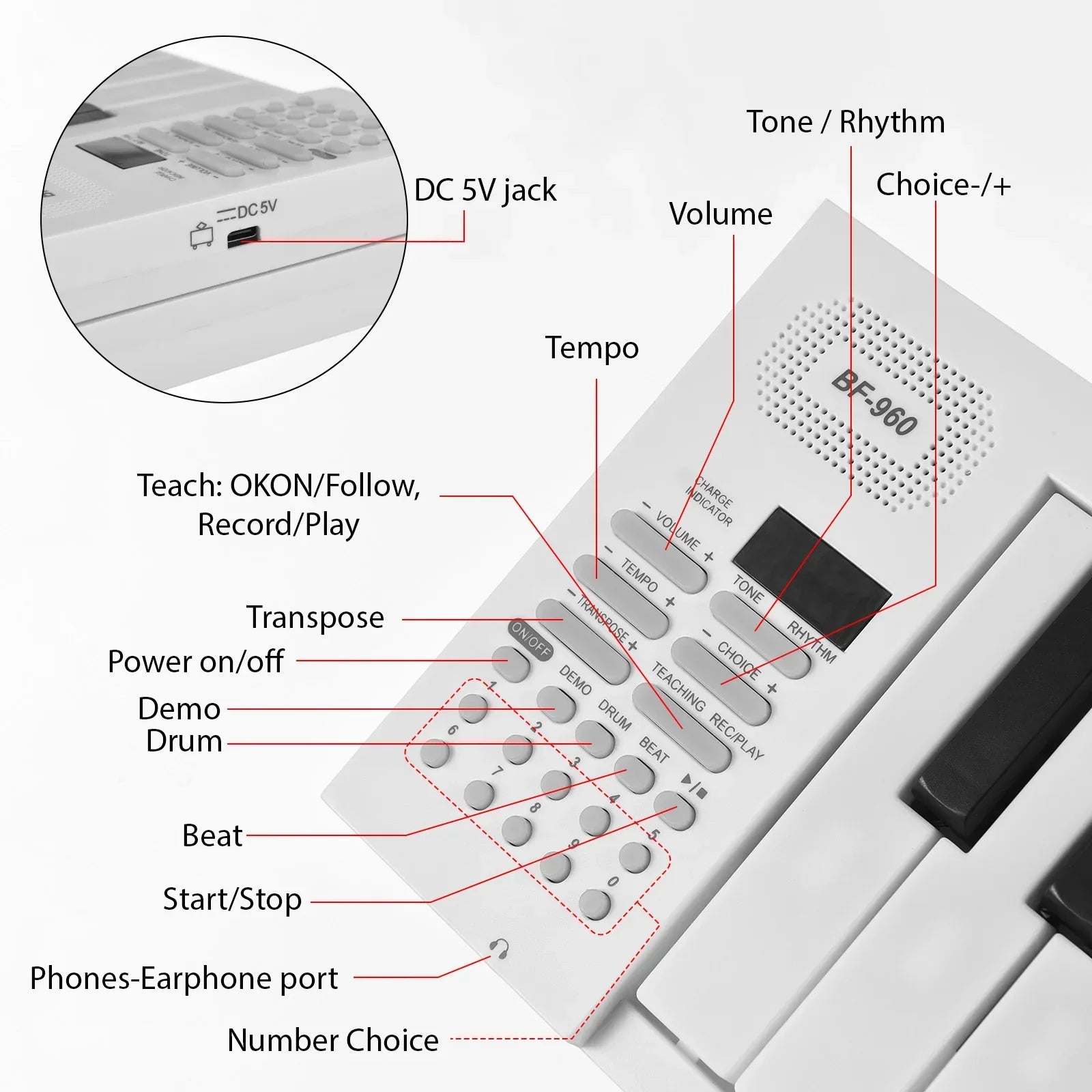 White bf-960 electronic piano keyboard portable with 61 keys black keys and rhythms teaching function buttons