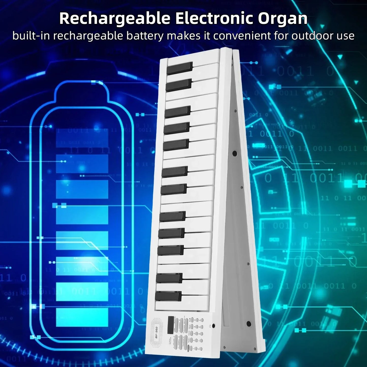 White portable electronic piano keyboard with 61 keys, black keys, built-in rechargeable battery, and rhythms teaching function