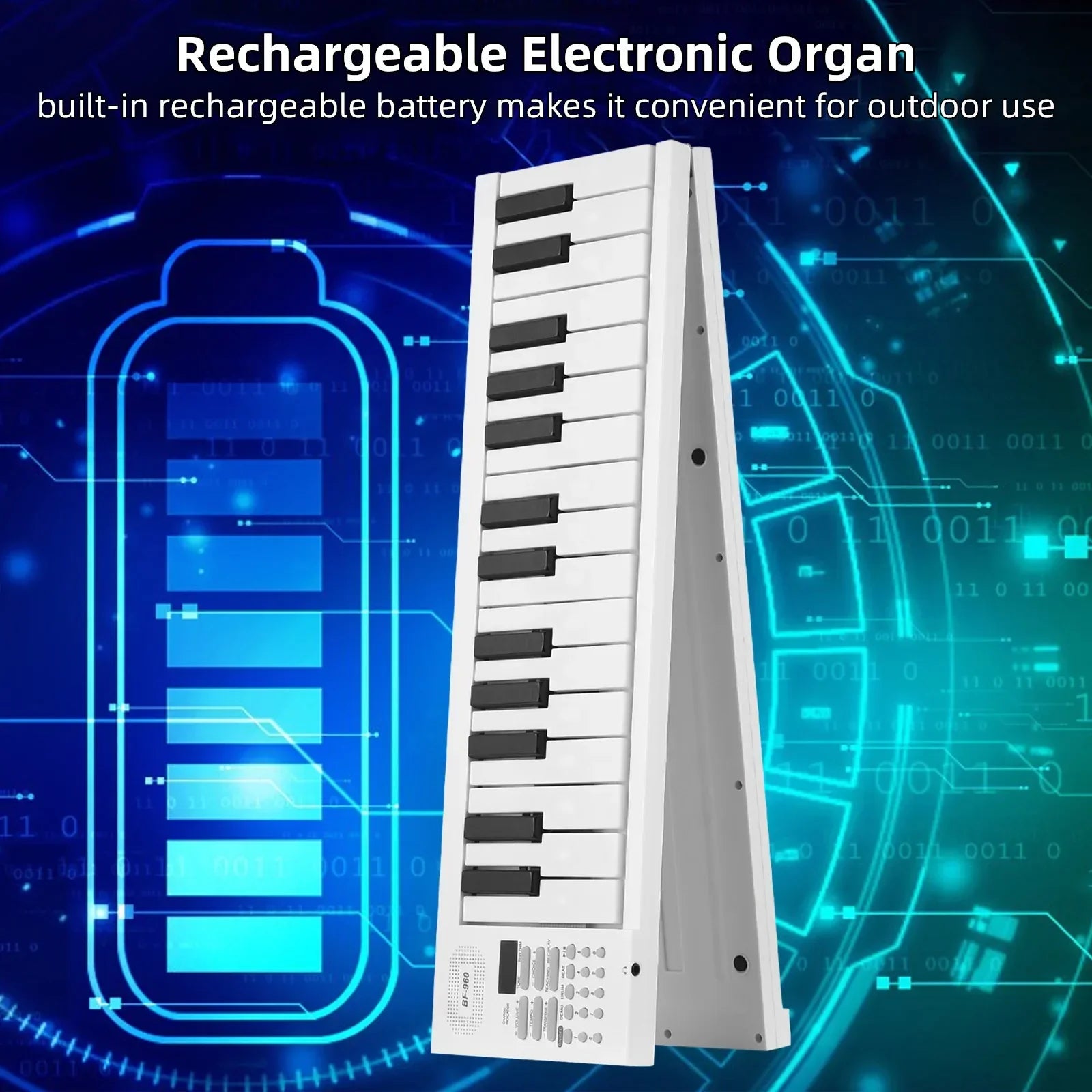 White portable electronic piano keyboard with 61 keys, black keys, built-in rechargeable battery, and rhythms teaching function