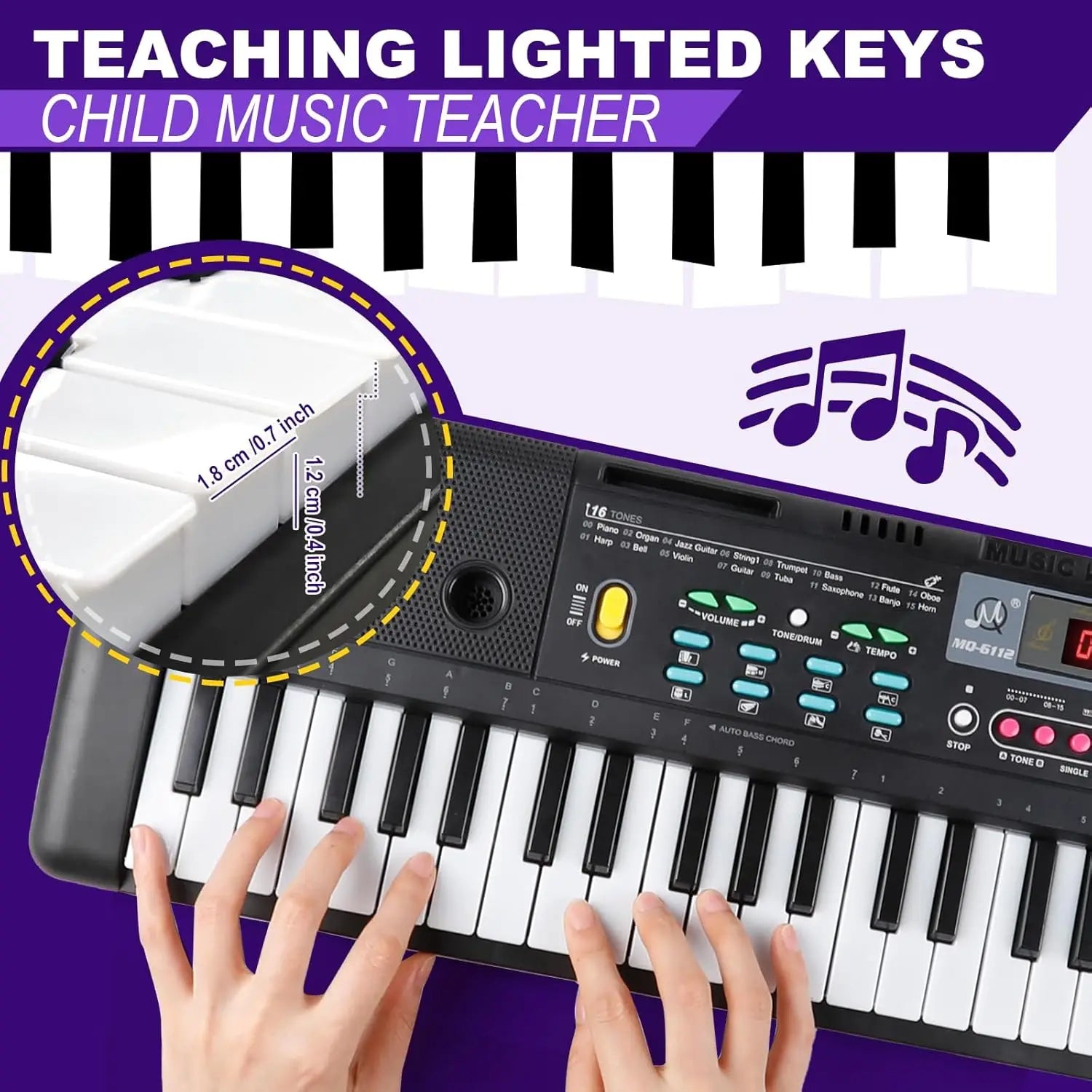 Black and white 61-key electronic piano keyboard mo-612 with illuminated keys educational musical toy for kids ages 3-9