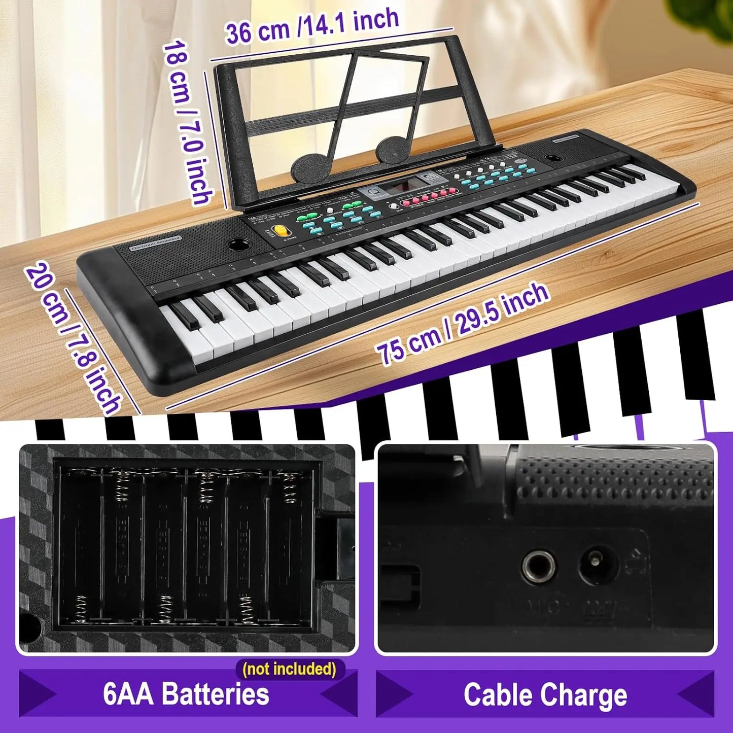 Black 61-key electronic piano keyboard with built-in music stand and colorful control buttons educational musical toy for kids