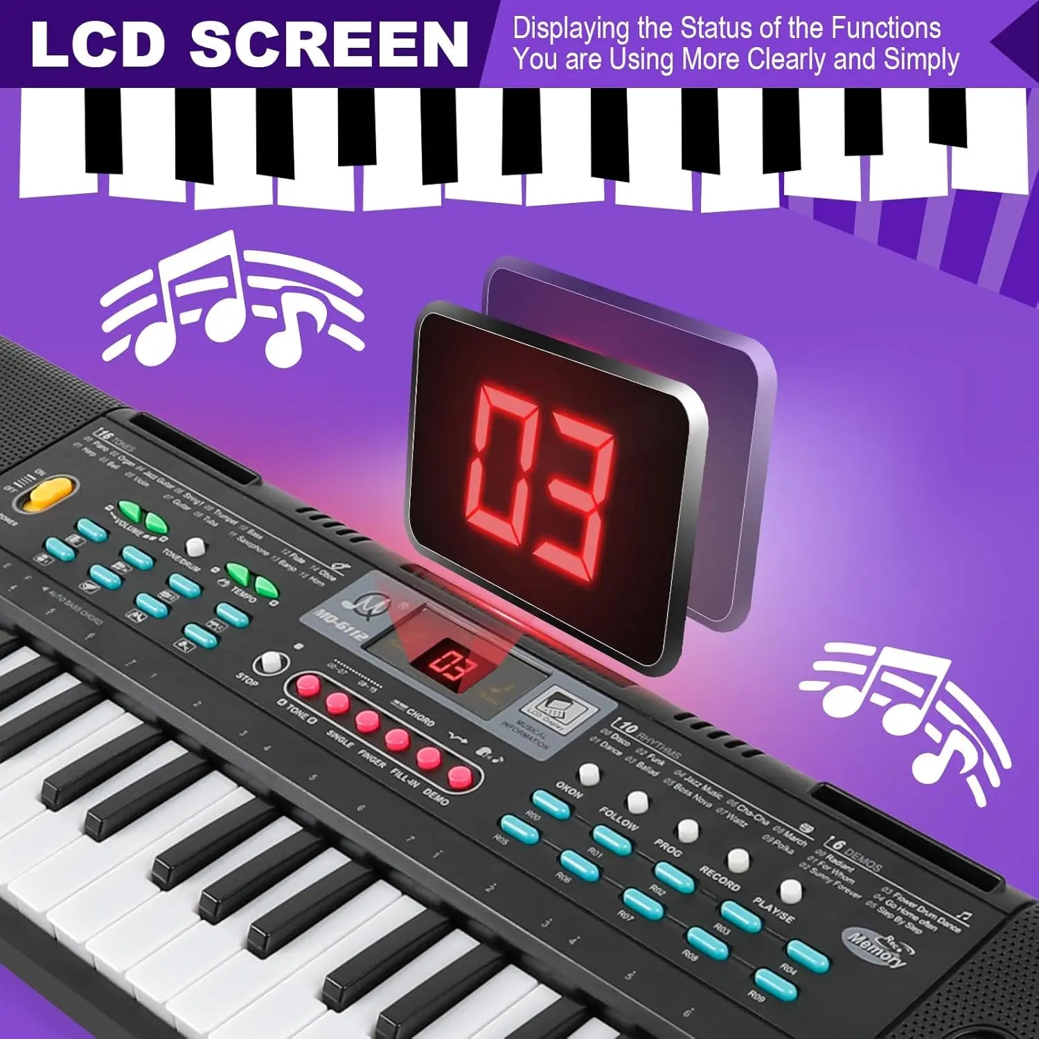 Black and white 61-key electronic piano keyboard with red lcd display educational musical toy for kids ages 3-9