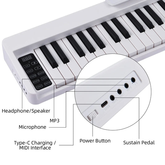 White 61-key foldable electronic piano with black keys and organ bt connectivity control panel for portable musical instrument use