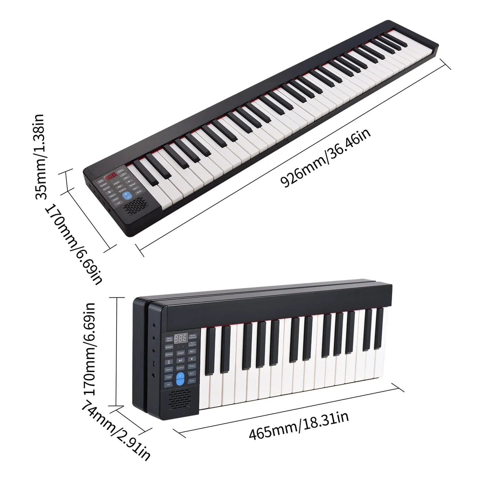 Black and white 61-key foldable electronic piano with rechargeable bt connectivity and lcd display for portable use