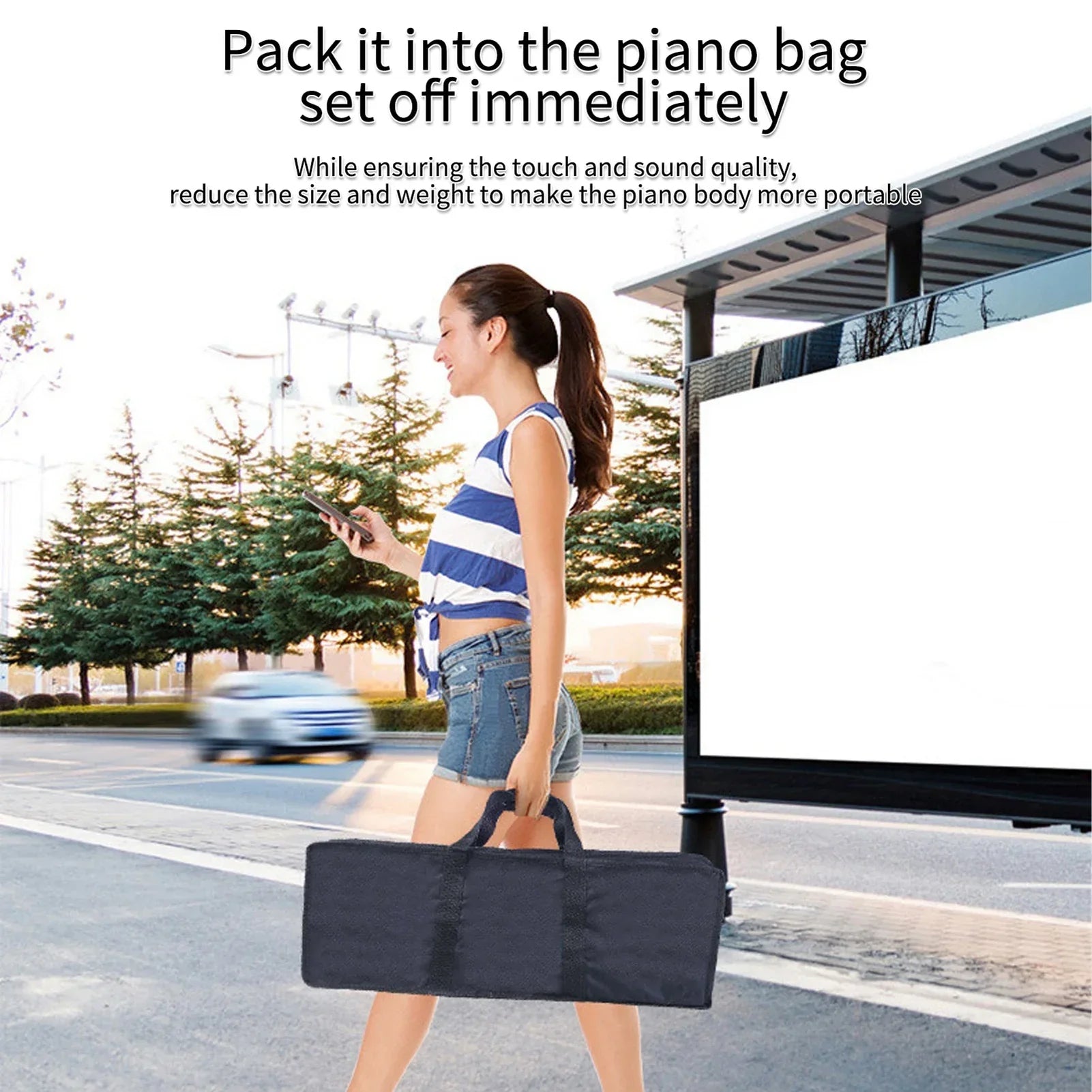 Black portable piano bag with sturdy handles and reinforced stitching for safe transport of foldable electronic piano with rechargeable bt connectivity